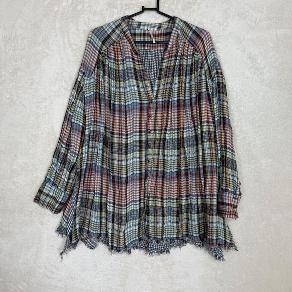 Free People Tops - Free People Plaid Oversized Tunic Top Button Front Frayed Hem Size M Festival